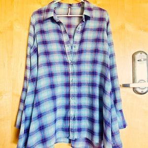 Free People Oversized Plaid Tunic Shirt Blue Purple Size 6 / Small